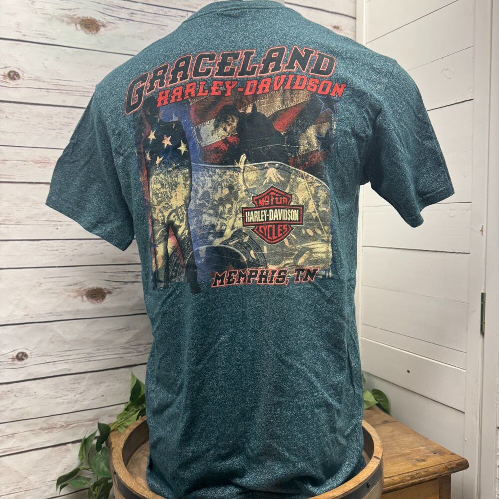 Harley Davidson Shirt Mens L Graceland Memphis Elvis Patriotic Motorcycle Biker